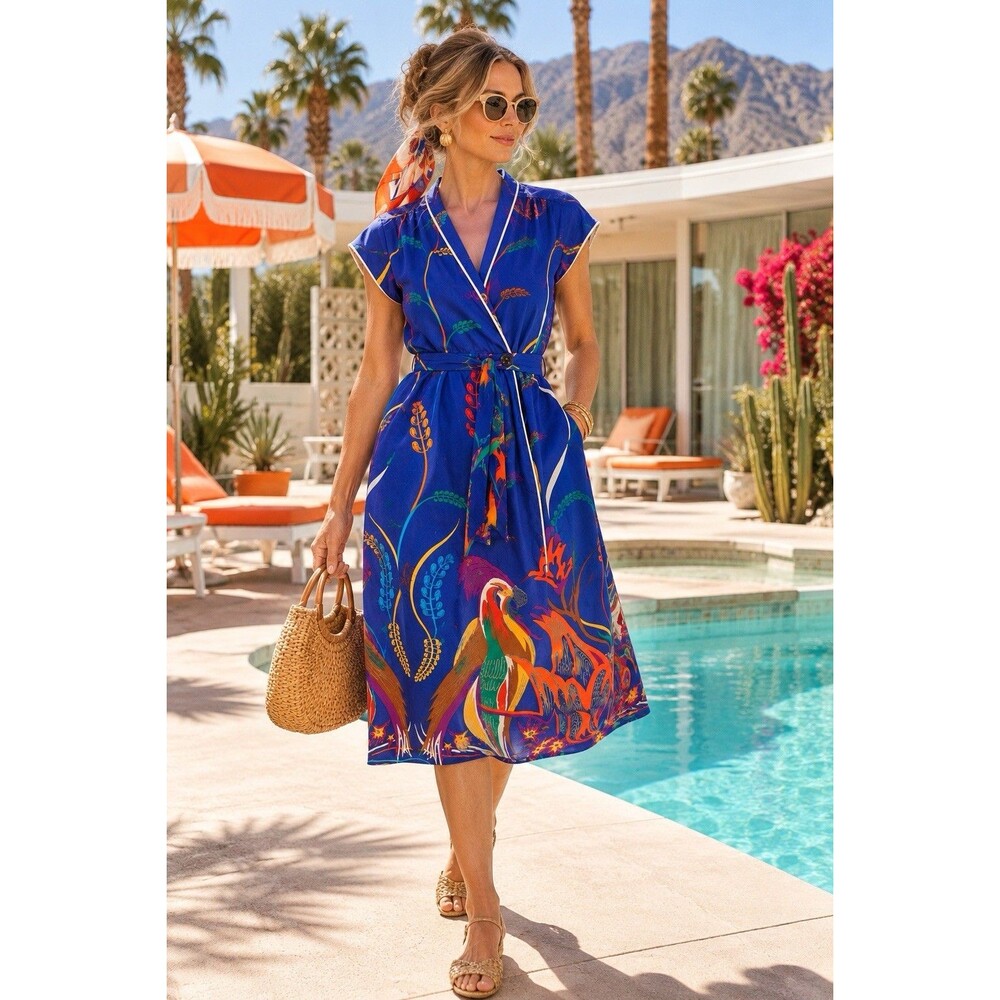 Vintage 60s 70s Guild Shops Dress S Blue Bird Print Belted Resort Midi Mod Wrap